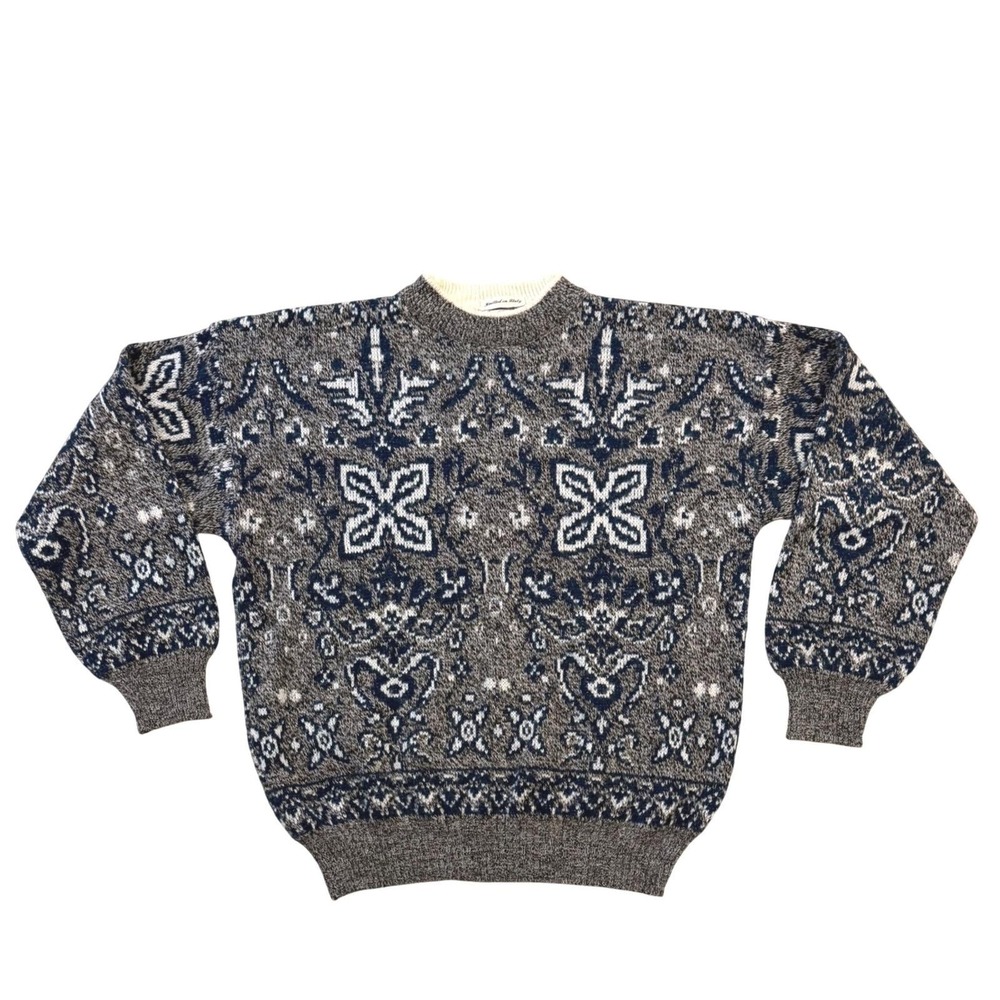 Vintage 80s Sears Roebuck Knitted in Italy Coogi Style Geometric Blue Sweater L